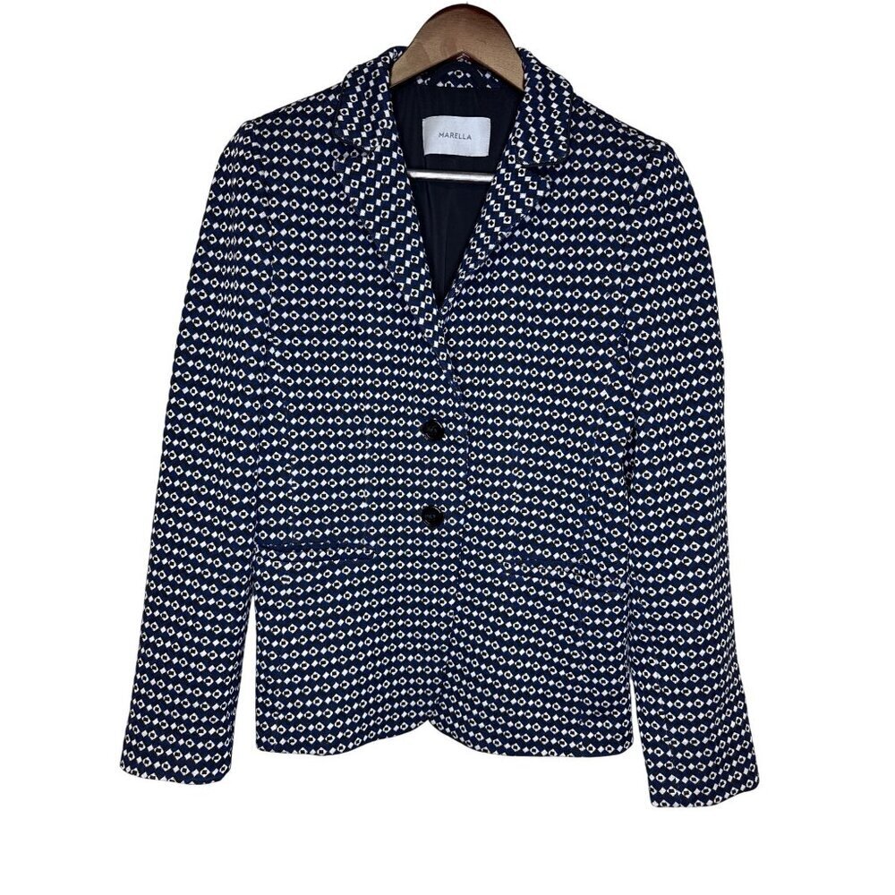 Marella Emme Women's Blazer Sport Coat Jacket Blue Geometric Two Button Size 10